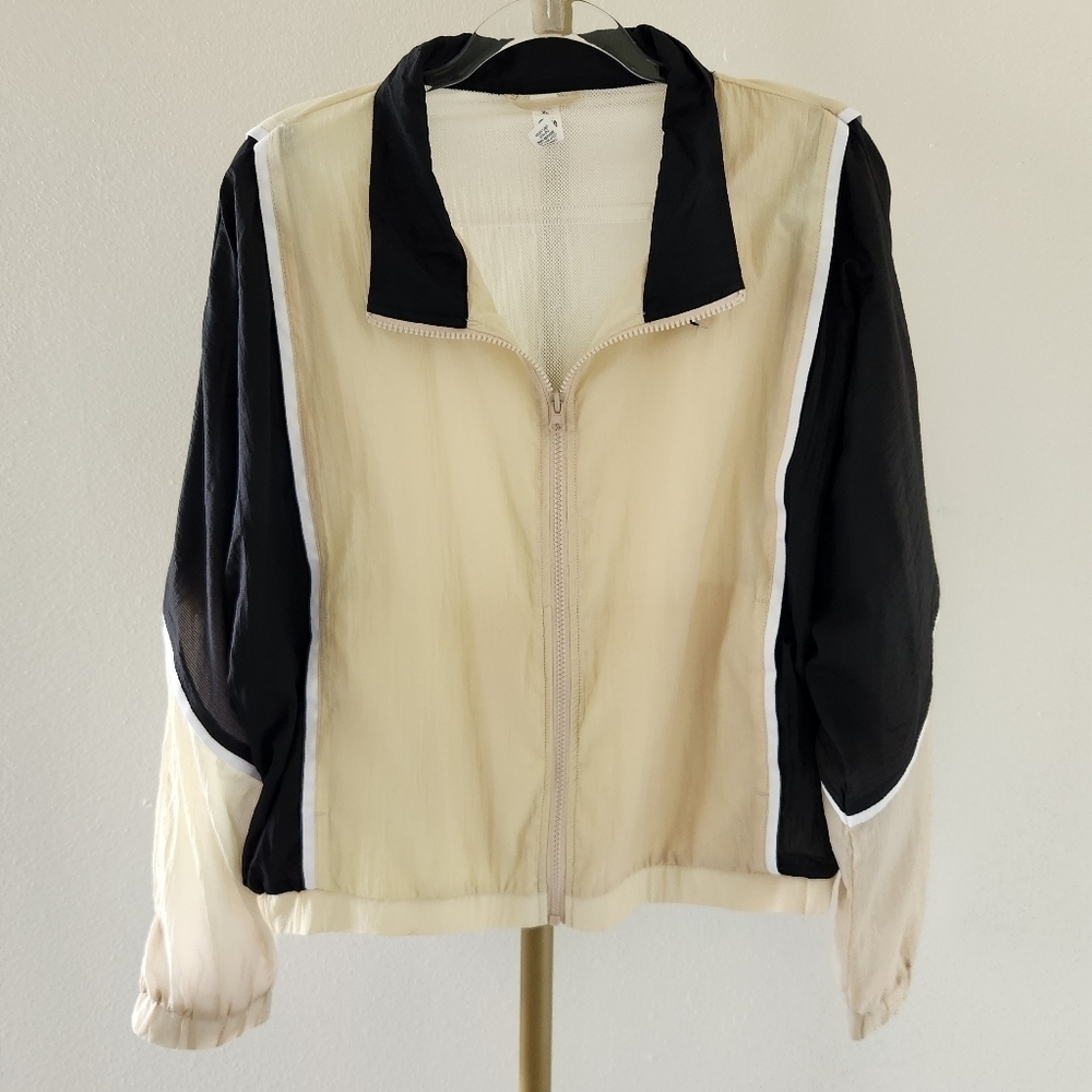 Zyia Active Cropped Zip Up Windbreaker Jacket Womens Size XL Beige Black